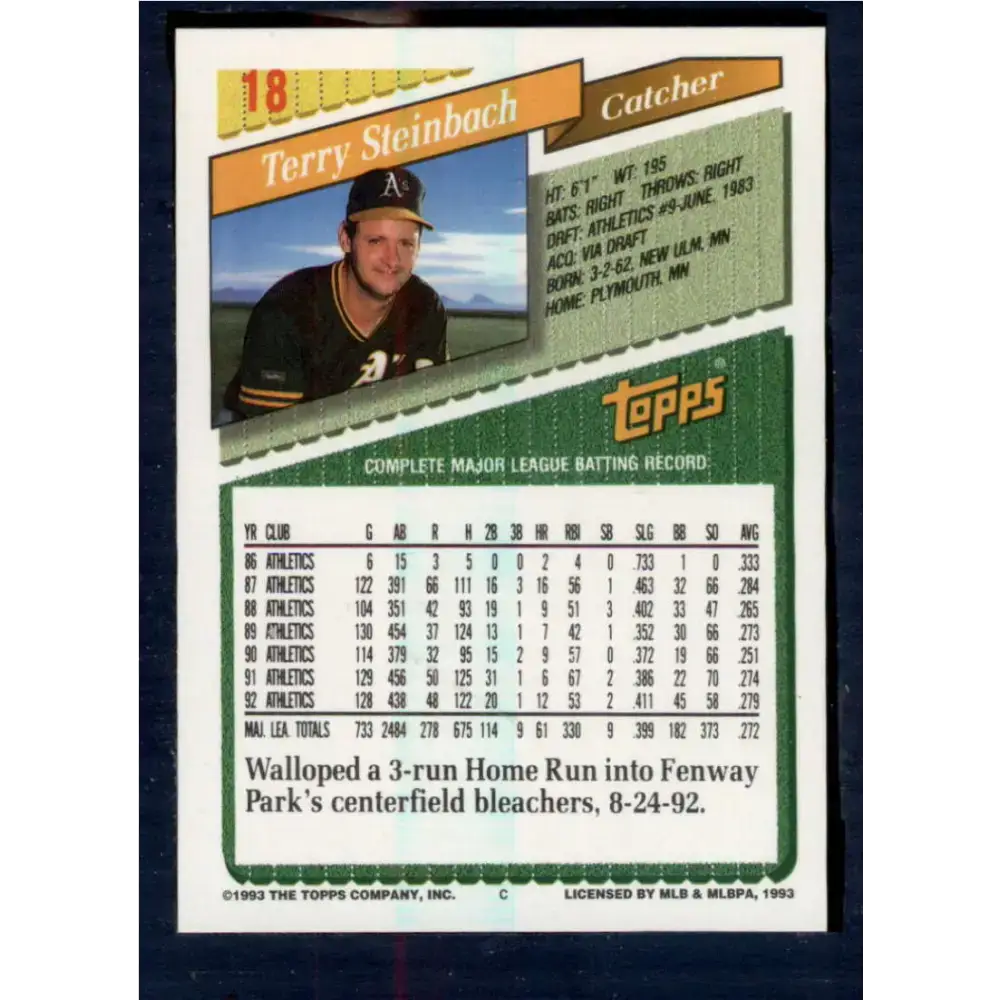 1993 Topps #18 Terry Steinbach NM-MT Oakland Athletics Baseball Card - Baseball Card Single