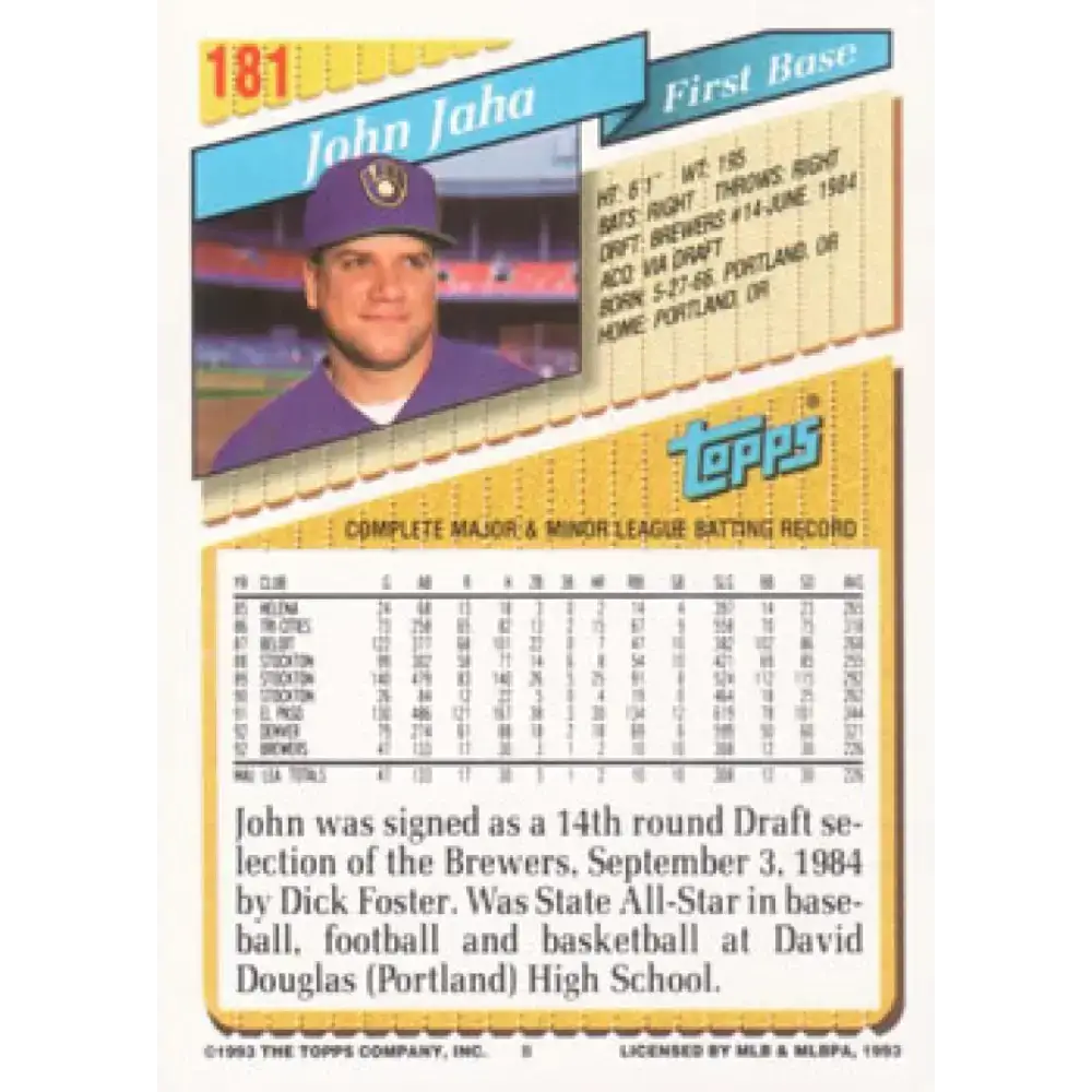 1993 Topps #181 John Jaha NM-MT Milwaukee Brewers Baseball Card - Baseball Card Single