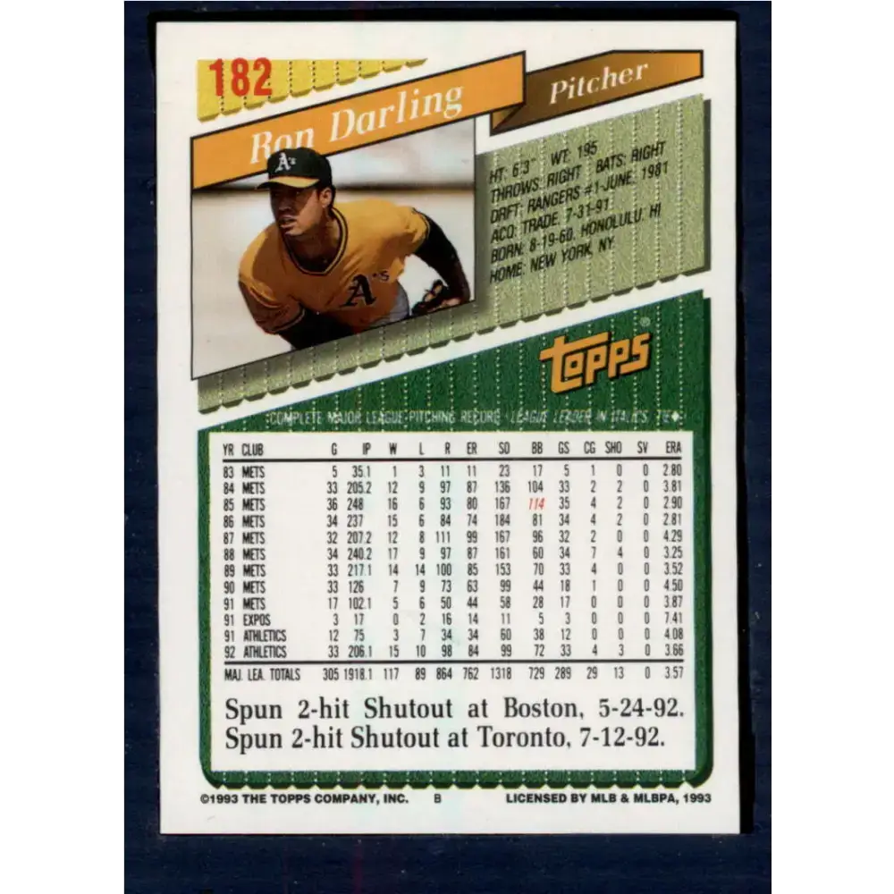 1993 Topps #182 Ron Darling NM-MT Oakland Athletics Baseball Card - Baseball Card Single