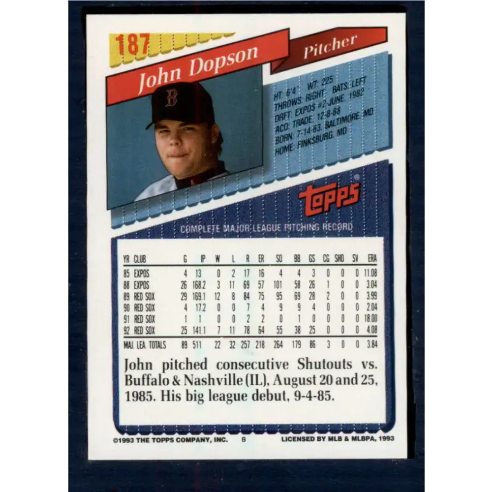 1993 Topps #187 John Dopson NM-MT Boston Red Sox Baseball Card - Baseball Card Single