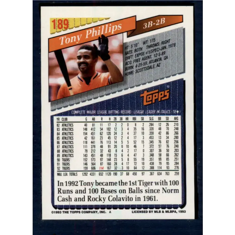 1993 Topps #189 Tony Phillips NM-MT Detroit Tigers Baseball Card - Baseball Card Single