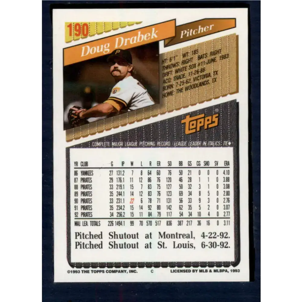1993 Topps #190 Doug Drabek NM-MT Pittsburgh Pirates Baseball Card - Baseball Card Single