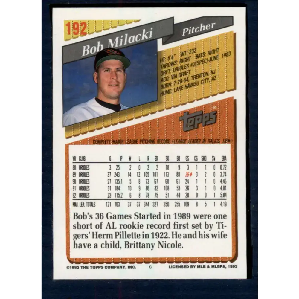 1993 Topps #192 Bob Milacki NM-MT Baltimore Orioles Baseball Card - Baseball Card Single