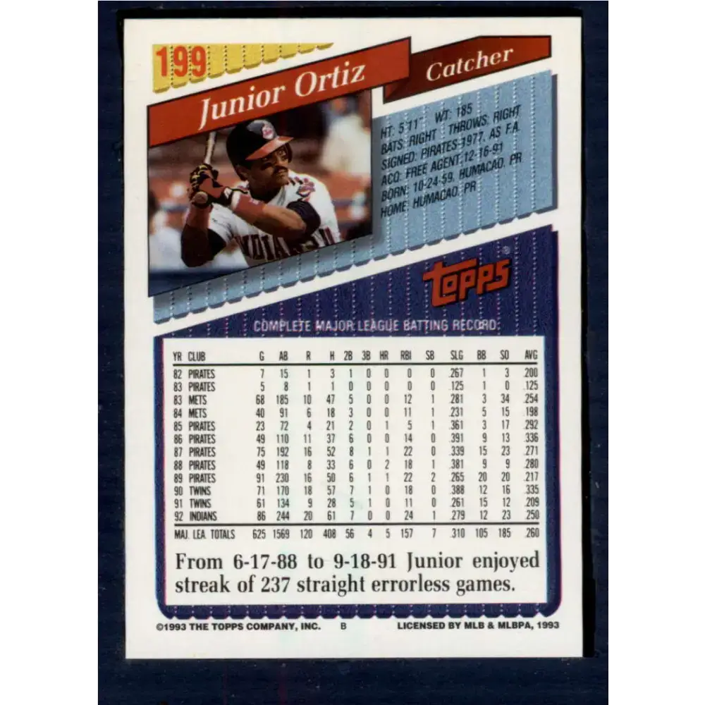 1993 Topps #199 Junior Ortiz NM-MT Cleveland Indians Baseball Card - Baseball Card Single