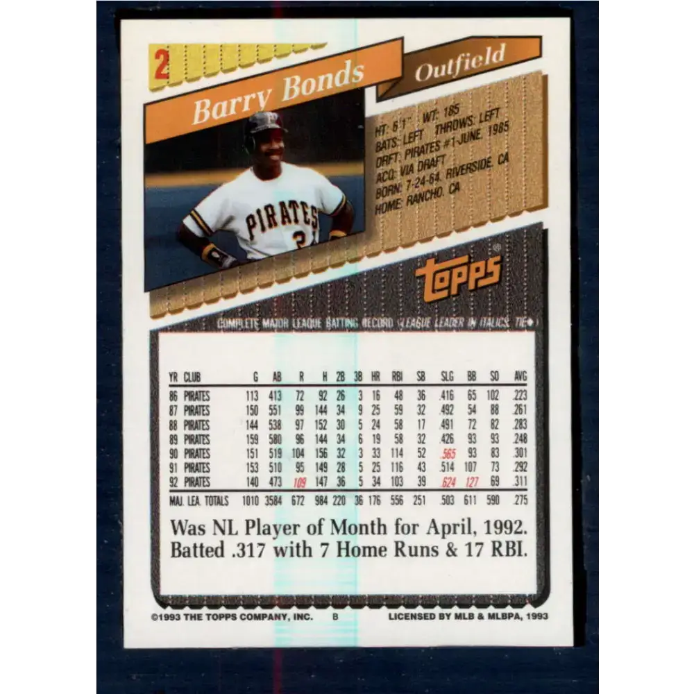 1993 Topps #2 Barry Bonds NM-MT Pittsburgh Pirates Baseball Card - Baseball Card Single
