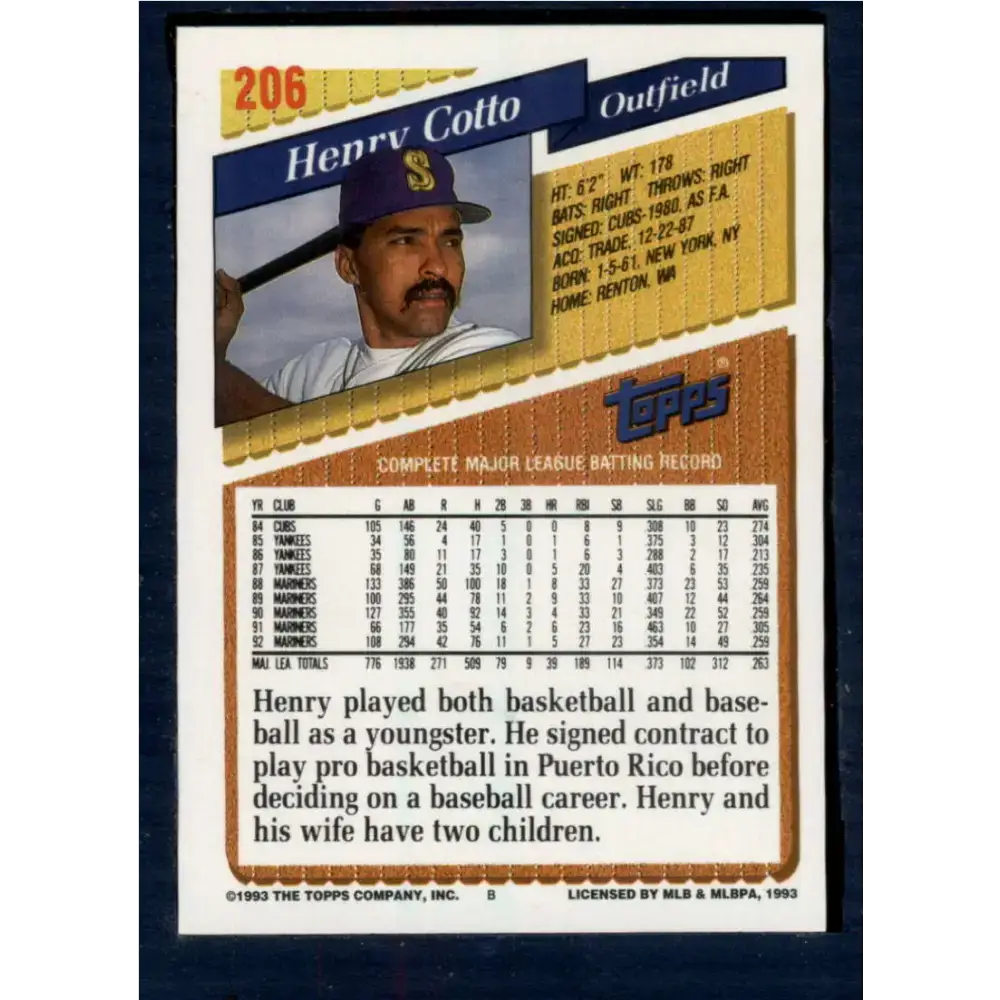 1993 Topps #206 Henry Cotto NM-MT Seattle Mariners Baseball Card - Baseball Card Single