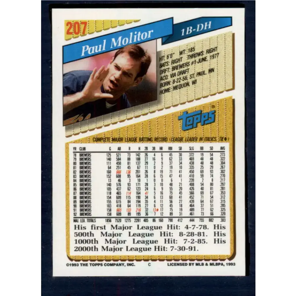 1993 Topps #207 Paul Molitor NM-MT Milwaukee Brewers Baseball Card - Baseball Card Single