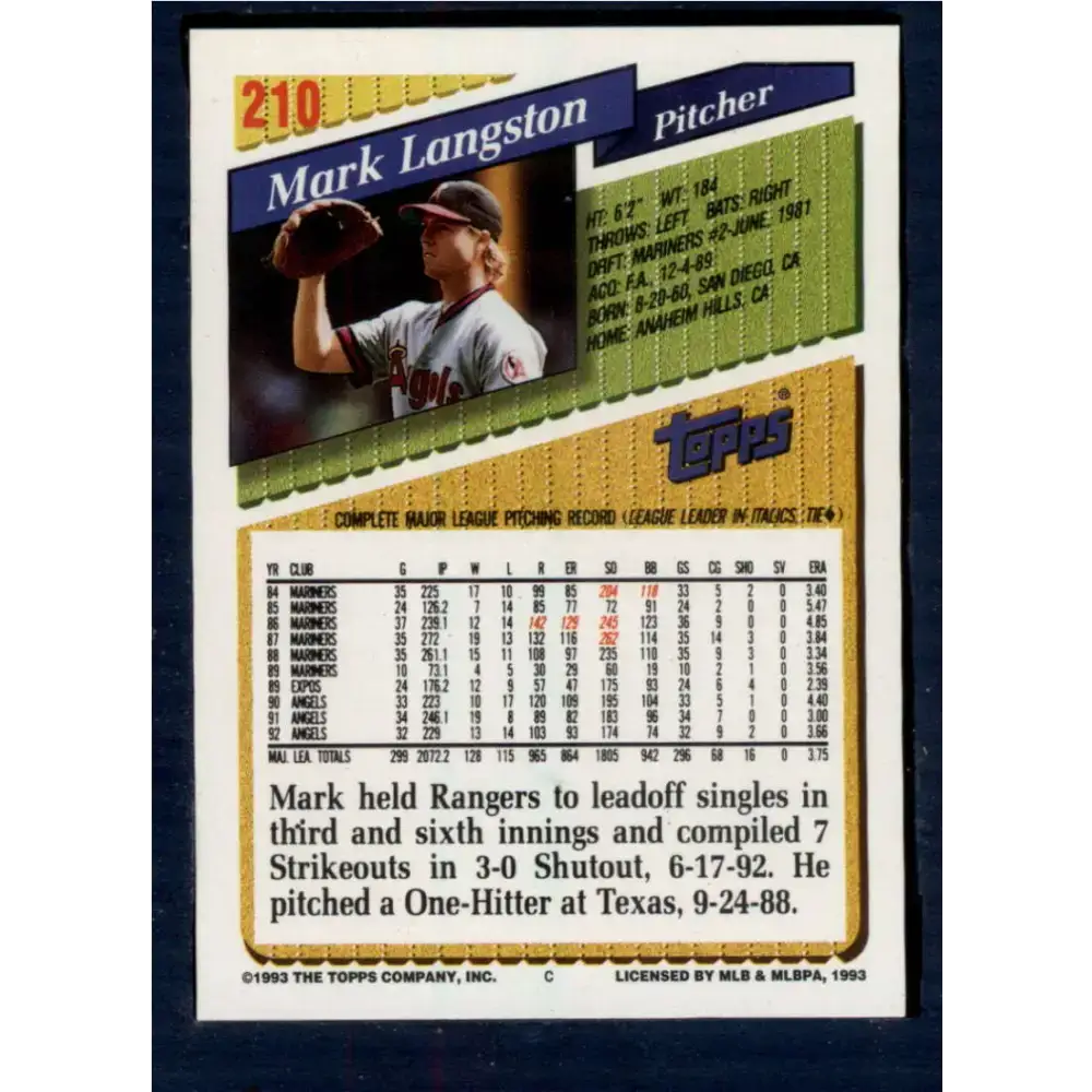 1993 Topps #210 Mark Langston NM-MT California Angels Baseball Card - Baseball Card Single
