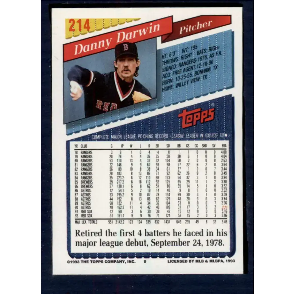 1993 Topps #214 Danny Darwin NM-MT Boston Red Sox Baseball Card - Baseball Card Single
