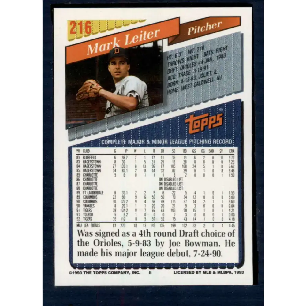 1993 Topps #216 Mark Leiter NM-MT Detroit Tigers Baseball Card - Baseball Card Single