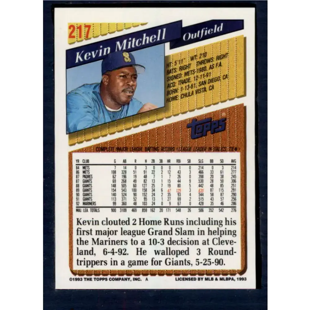 1993 Topps #217 Kevin Mitchell NM-MT Seattle Mariners Baseball Card - Baseball Card Single
