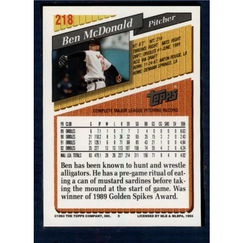 1993 Topps #218 Ben McDonald NM-MT Baltimore Orioles Baseball Card