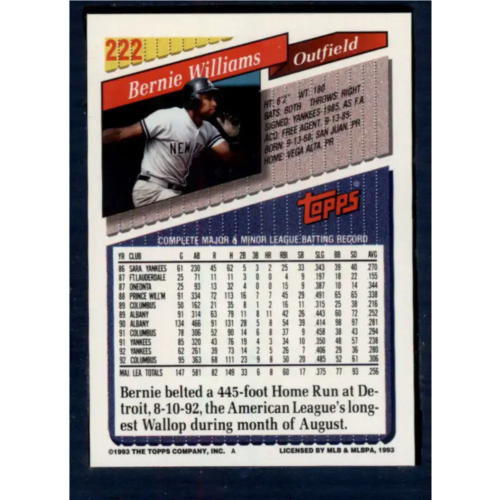 1993 Topps #222 Bernie Williams NM-MT New York Yankees Baseball Card - Baseball Card Single