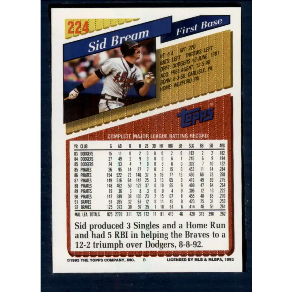 1993 Topps #224 Sid Bream NM-MT Atlanta Braves Baseball Card - Baseball Card Single