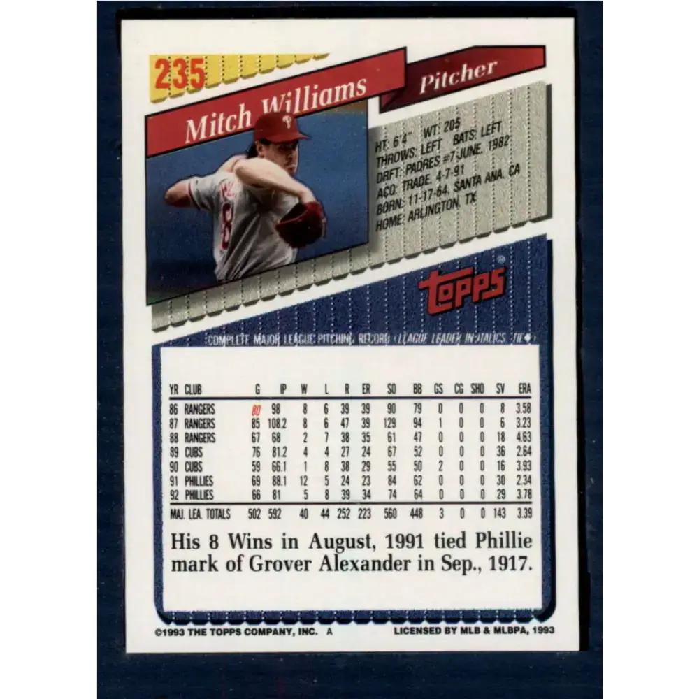 1993 Topps #235 Mitch Williams NM-MT Philadelphia Phillies Baseball Card - Baseball Card Single