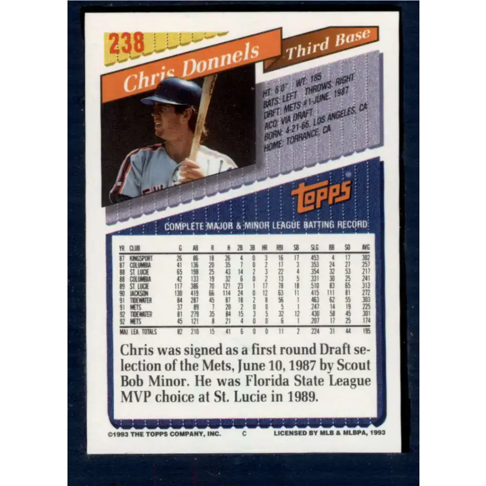 1993 Topps #238 Chris Donnels NM-MT New York Mets Baseball Card - Baseball Card Single
