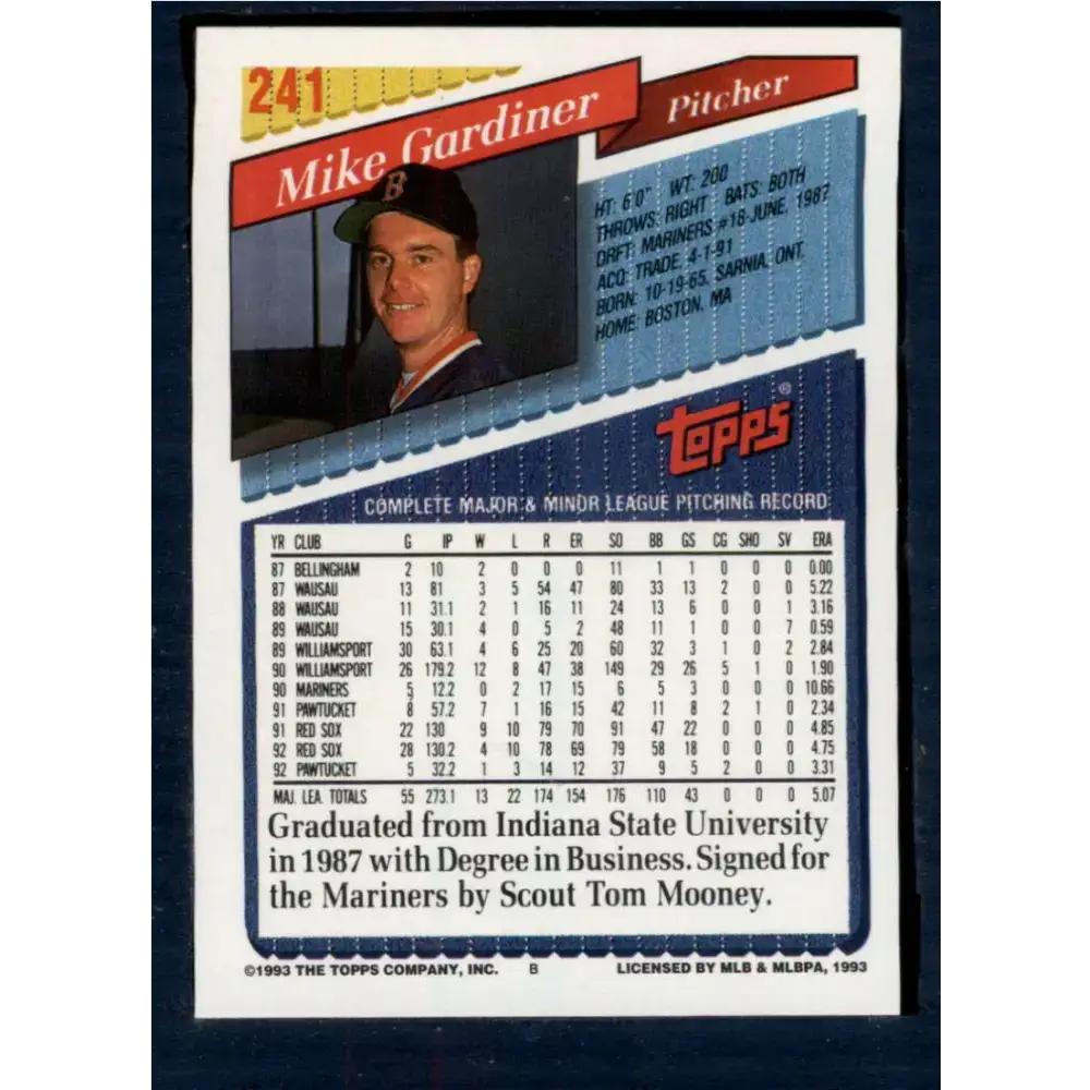 1993 Topps #241 Mike Gardiner NM-MT Boston Red Sox Baseball Card - Baseball Card Single