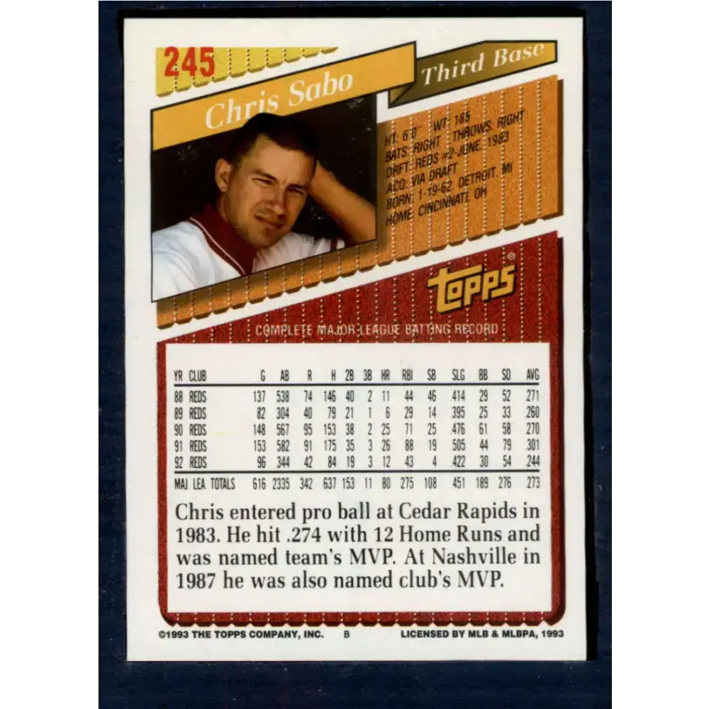 1993 Topps #245 Chris Sabo NM-MT Cincinnati Reds Baseball Card - Baseball Card Single