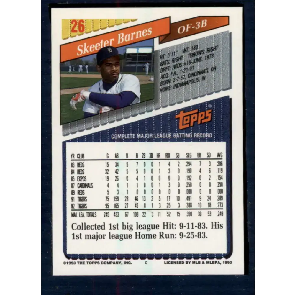 1993 Topps #26 Skeeter Barnes NM-MT Detroit Tigers Baseball Card - Baseball Card Single