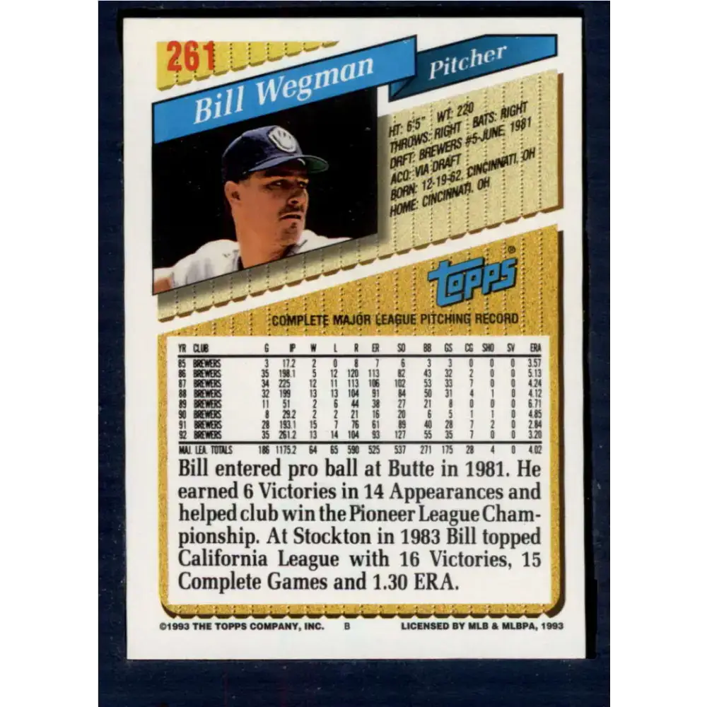 1993 Topps #261 Bill Wegman NM-MT Milwaukee Brewers Baseball Card - Baseball Card Single