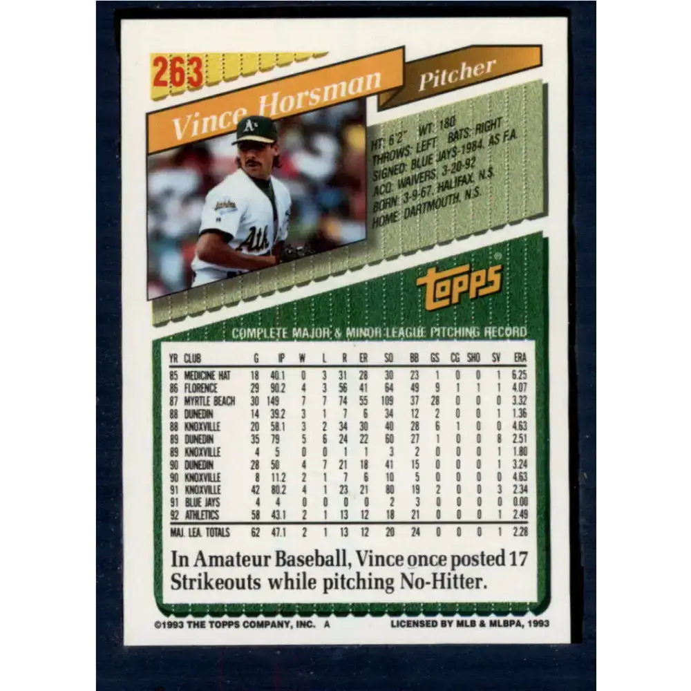 1993 Topps #263 Vince Horsman NM-MT Oakland Athletics Baseball Card - Baseball Card Single