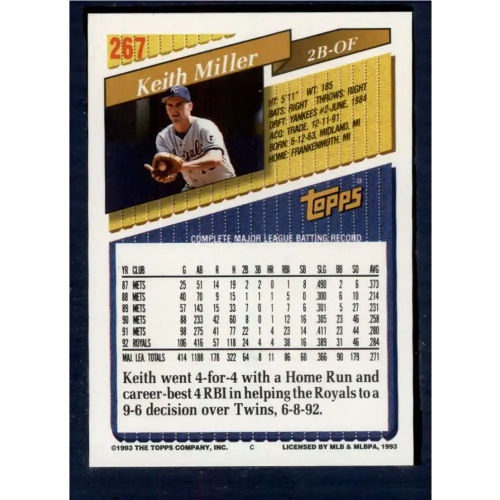 1993 Topps #267 Keith Miller NM-MT Kansas City Royals Baseball Card - Baseball Card Single