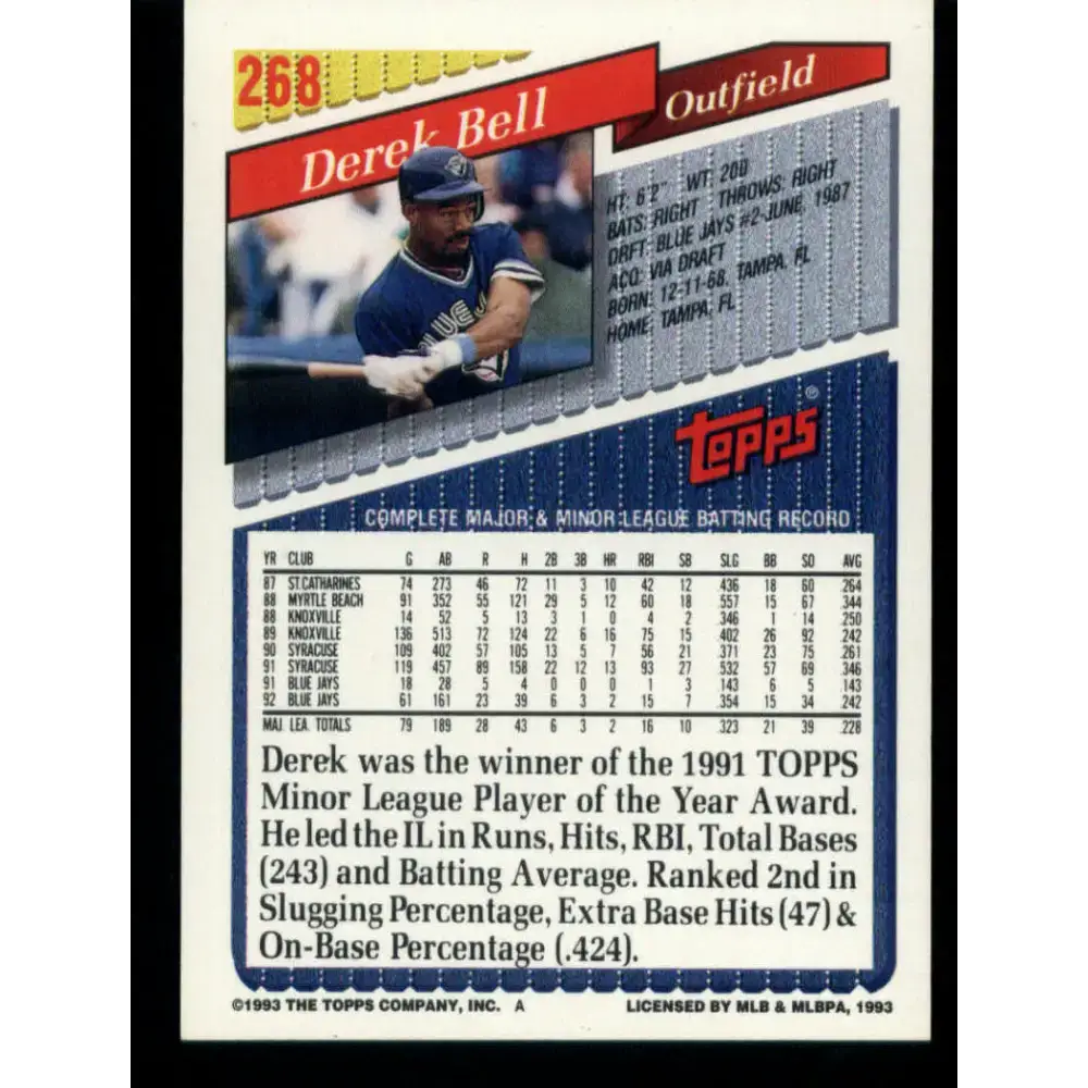1993 Topps #268 Derek Bell NM-MT Toronto Blue Jays Baseball Card - Baseball Card Single