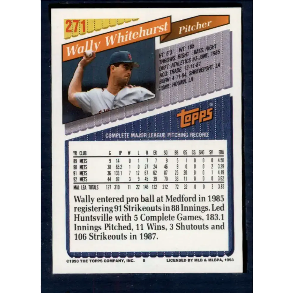 1993 Topps #271 Wally Whitehurst NM-MT New York Mets Baseball Card - Baseball Card Single