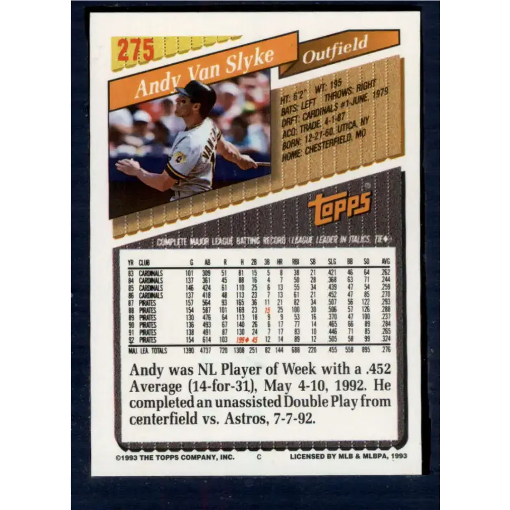 1993 Topps #275 Andy Van Slyke NM-MT Pittsburgh Pirates Baseball Card