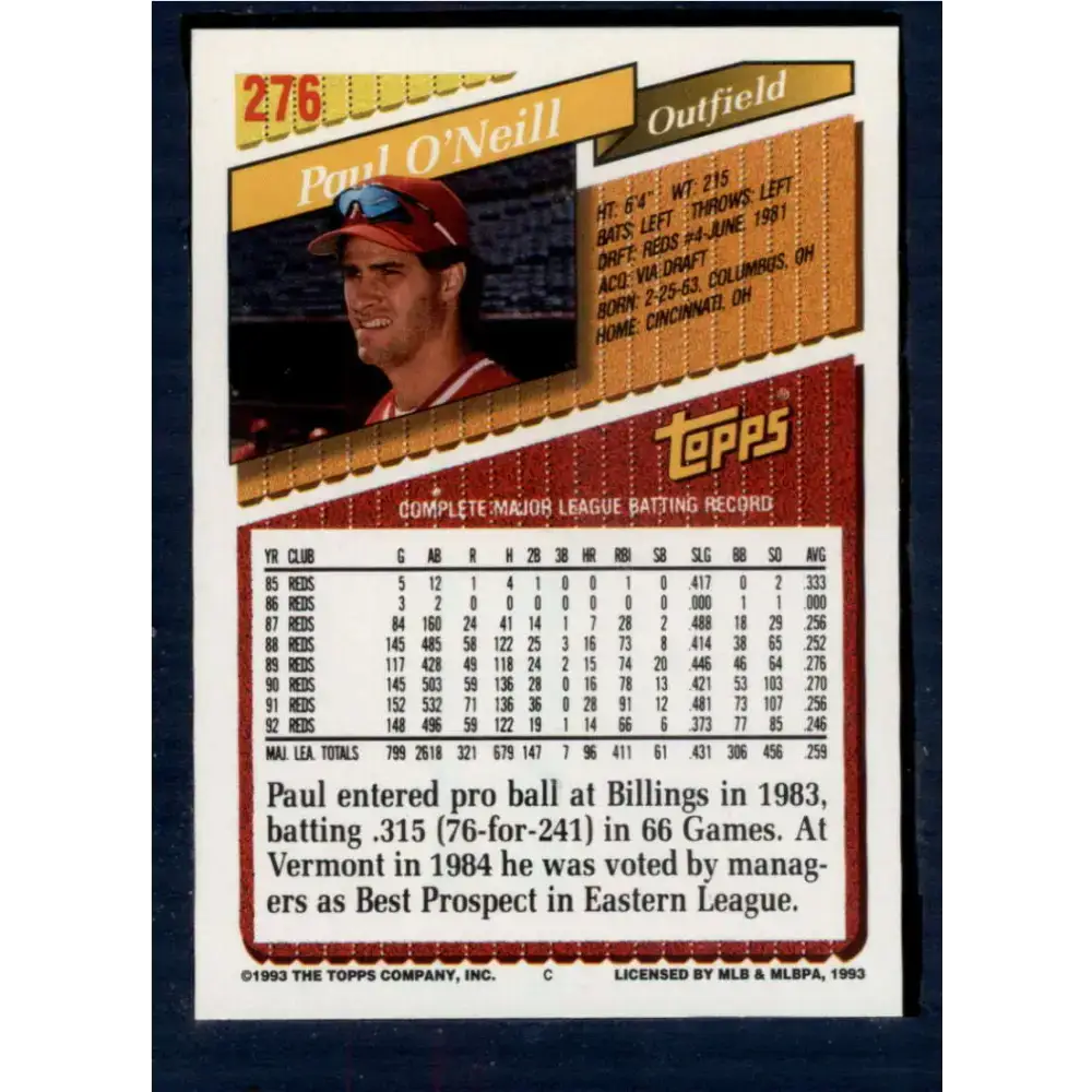 1993 Topps #276 Paul O’Neill NM-MT Cincinnati Reds Baseball Card - Baseball Card Single