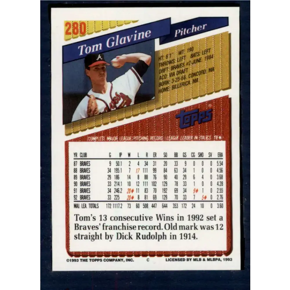 1993 Topps #280 Tom Glavine NM-MT Atlanta Braves Baseball Card - Baseball Card Single