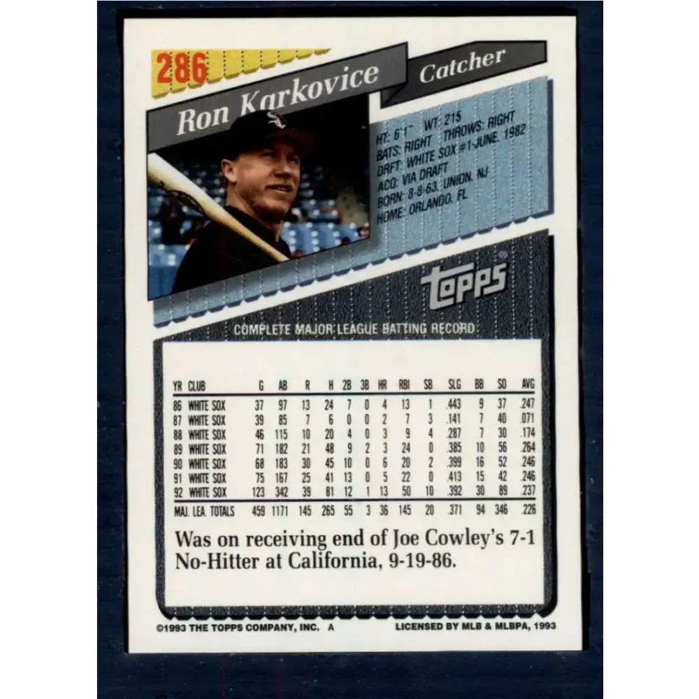 1993 Topps #286 Ron Karkovice NM-MT Chicago White Sox Baseball Card - Baseball Card Single