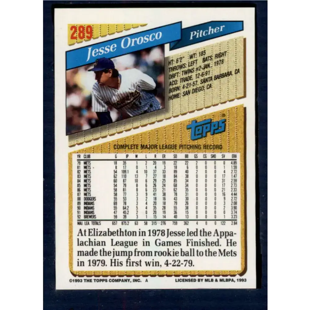 1993 Topps #289 Jesse Orosco NM-MT Milwaukee Brewers Baseball Card - Baseball Card Single