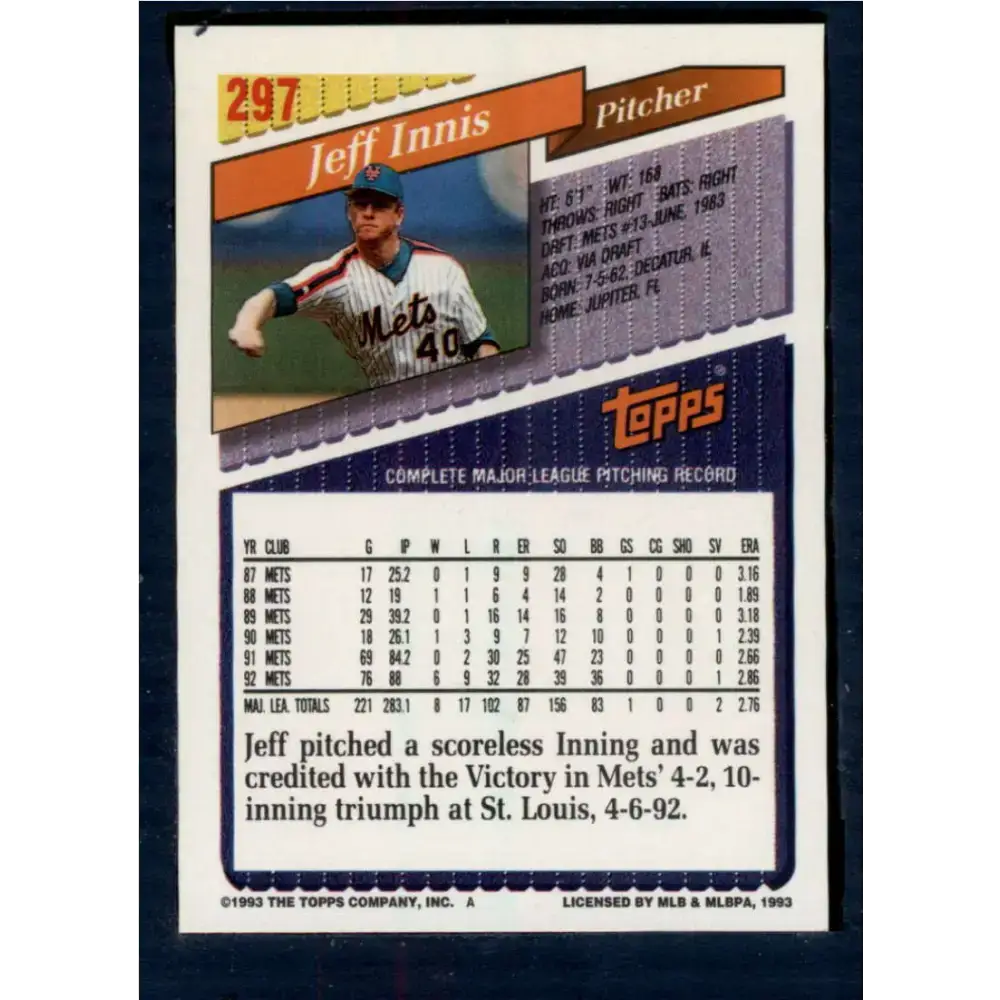 1993 Topps #297 Jeff Innis NM-MT New York Mets Baseball Card - Baseball Card Single