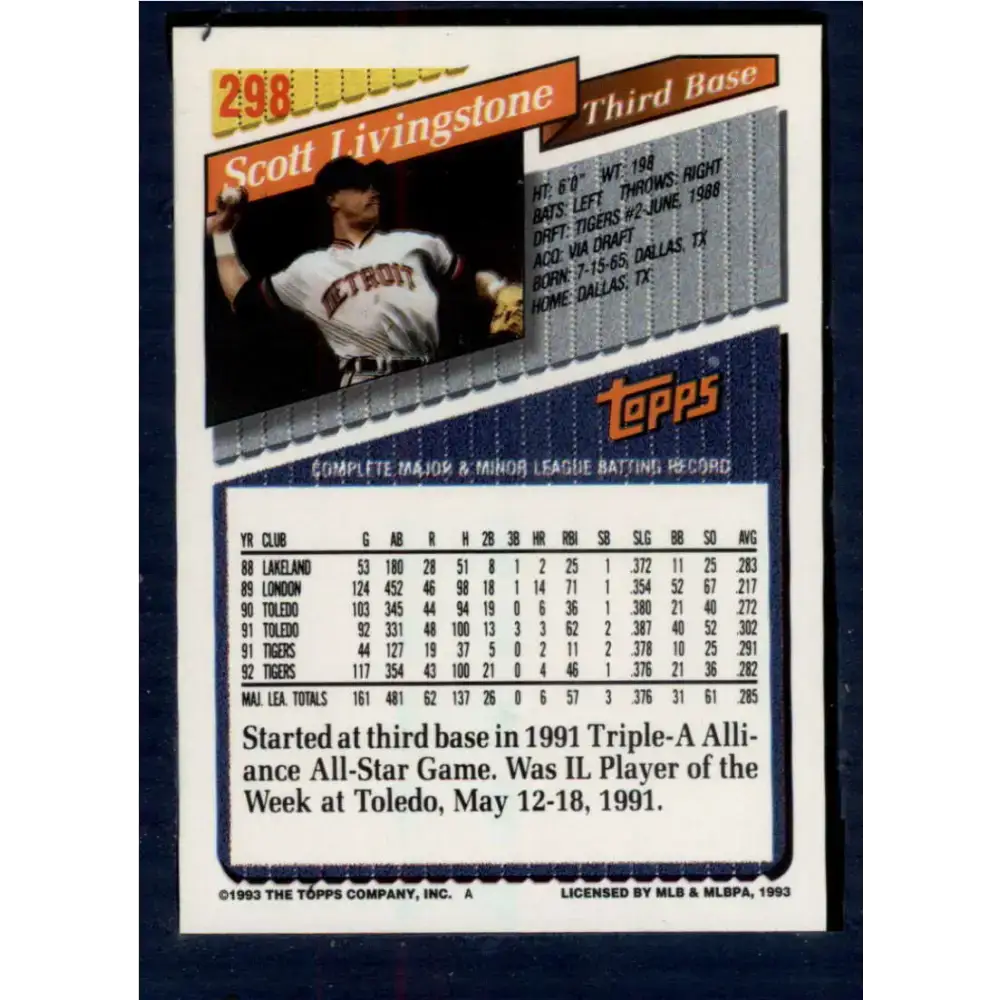 1993 Topps #298 Scott Livingstone NM-MT Detroit Tigers Baseball Card - Baseball Card Single