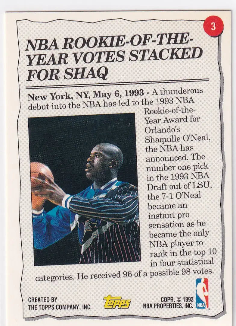 1993 TOPPS #3 SHAQUILLE ONEAL HIIGHLIGHT- ORLANDO MAGIC - Basketball Card Single