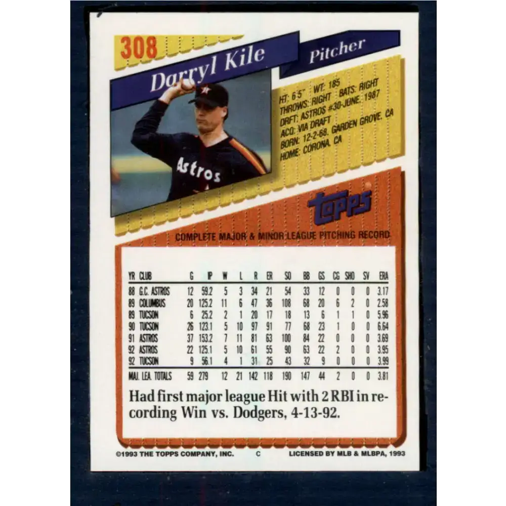1993 Topps #308 Darryl Kile NM-MT Houston Astros Baseball Card - Baseball Card Single