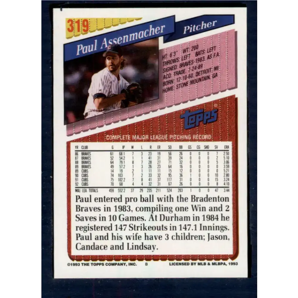 1993 Topps #319 Paul Assenmacher NM-MT Chicago Cubs Baseball Card - Baseball Card Single