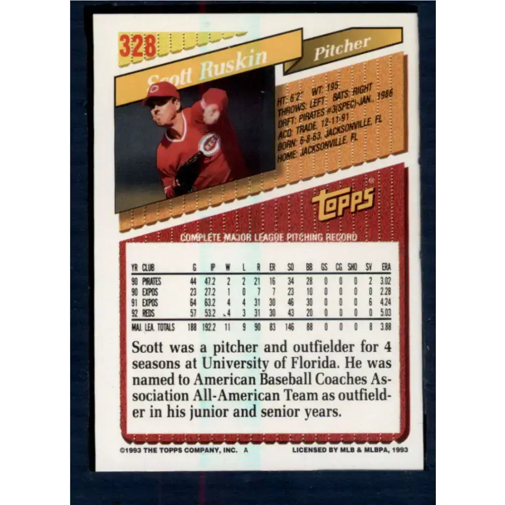 1993 Topps #328 Scott Ruskin NM-MT Cincinnati Reds Baseball Card - Baseball Card Single