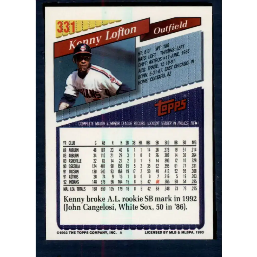 1993 Topps #331 Kenny Lofton NM-MT Cleveland Indians Baseball Card - Baseball Card Single