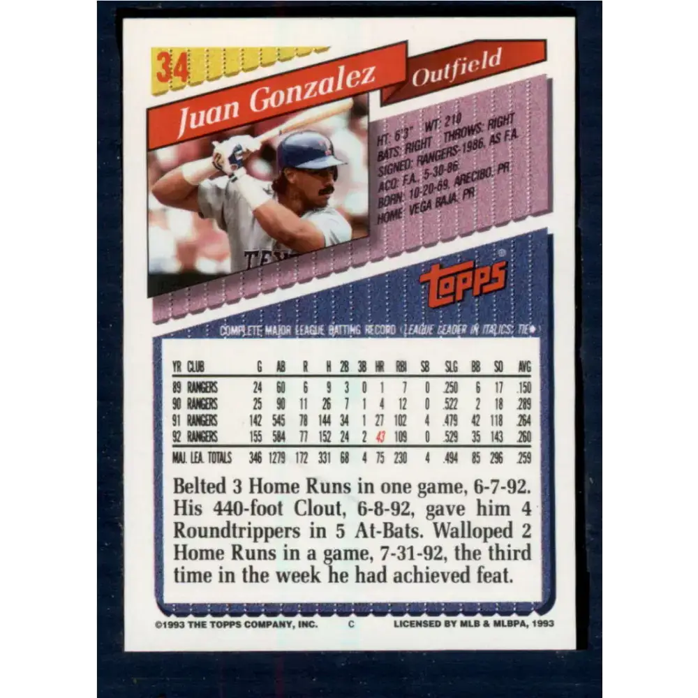 1993 Topps #34 Juan Gonzalez NM-MT Texas Rangers Baseball Card - Baseball Card Single