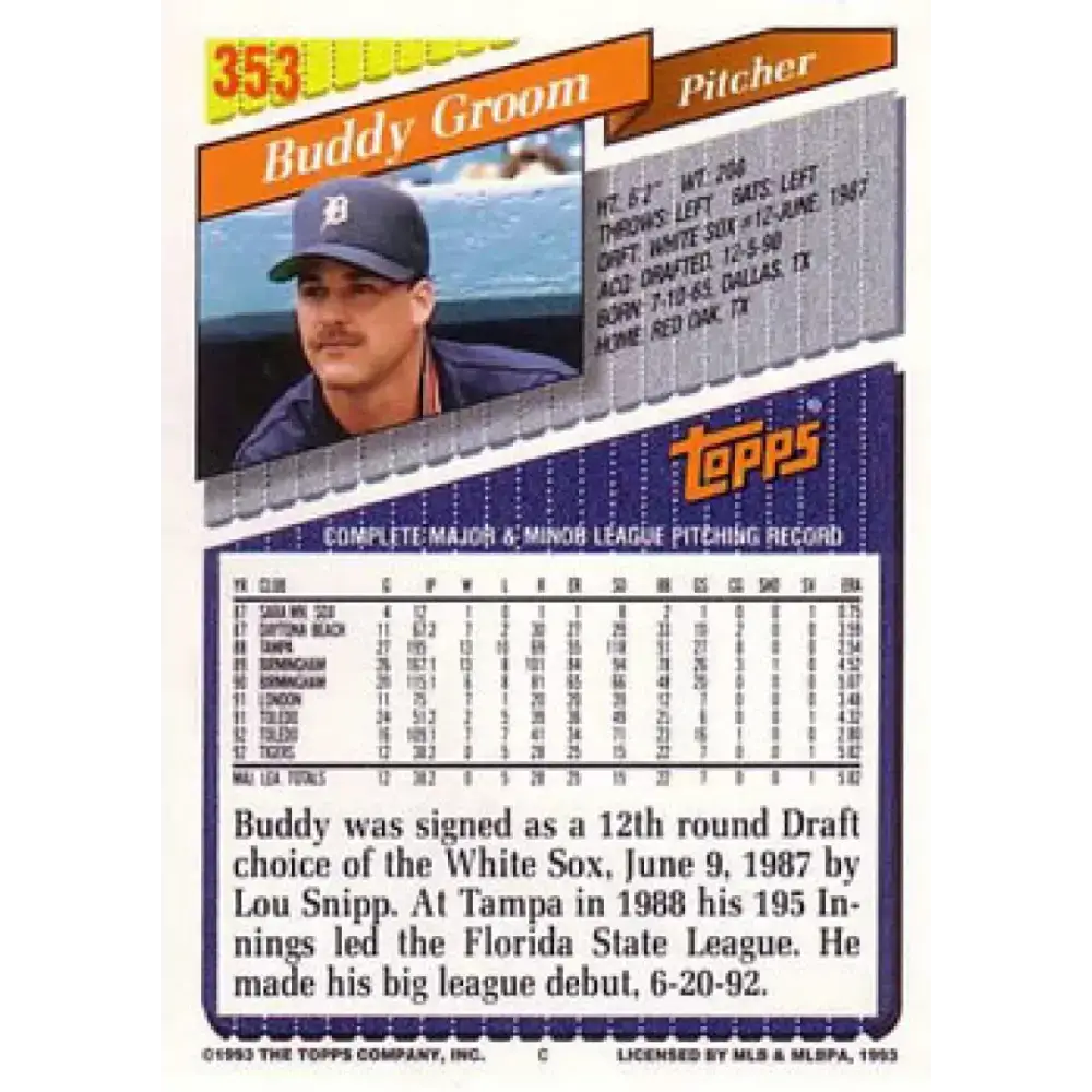 1993 Topps #353 Buddy Groom NM-MT Detroit Tigers Baseball Card