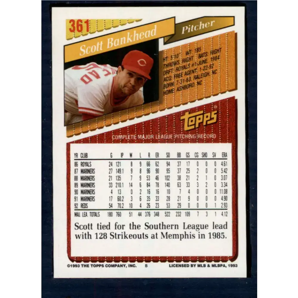 1993 Topps #361 Scott Bankhead NM-MT Cincinnati Reds Baseball Card - Baseball Card Single