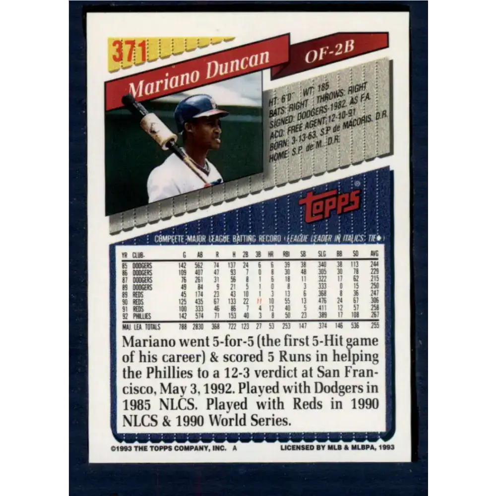 1993 Topps #371 Mariano Duncan NM-MT Philadelphia Phillies Baseball Card - Baseball Card Single