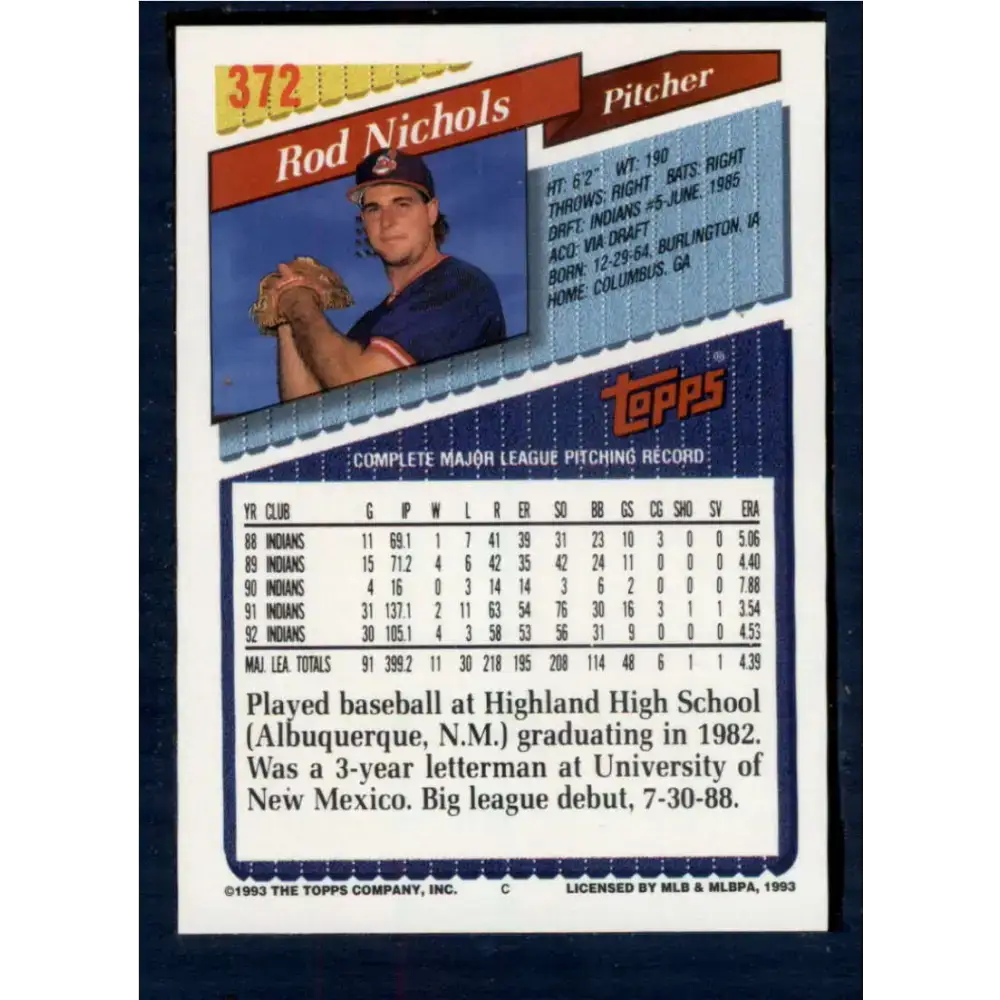 1993 Topps #372 Rod Nichols NM-MT Cleveland Indians Baseball Card - Baseball Card Single