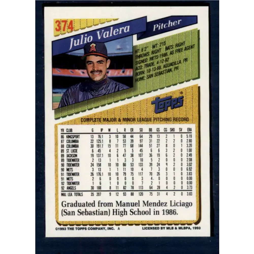 1993 Topps #374 Julio Valera NM-MT California Angels Baseball Card - Baseball Card Single