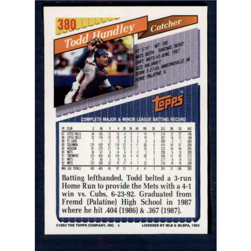 1993 Topps #380 Todd Hundley NM-MT New York Mets Baseball Card - Baseball Card Single