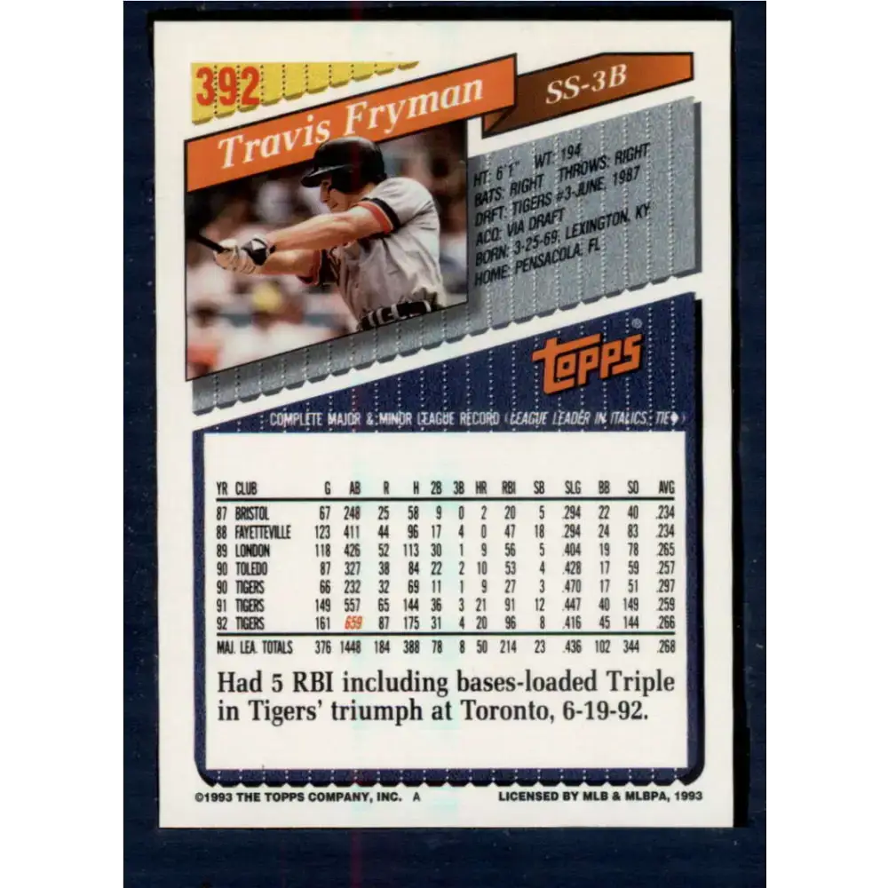 1993 Topps #392 Travis Fryman NM-MT Detroit Tigers Baseball Card - Baseball Card Single
