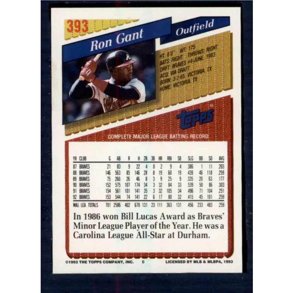 1993 Topps #393 Ron Gant NM-MT Atlanta Braves Baseball Card - Baseball Card Single
