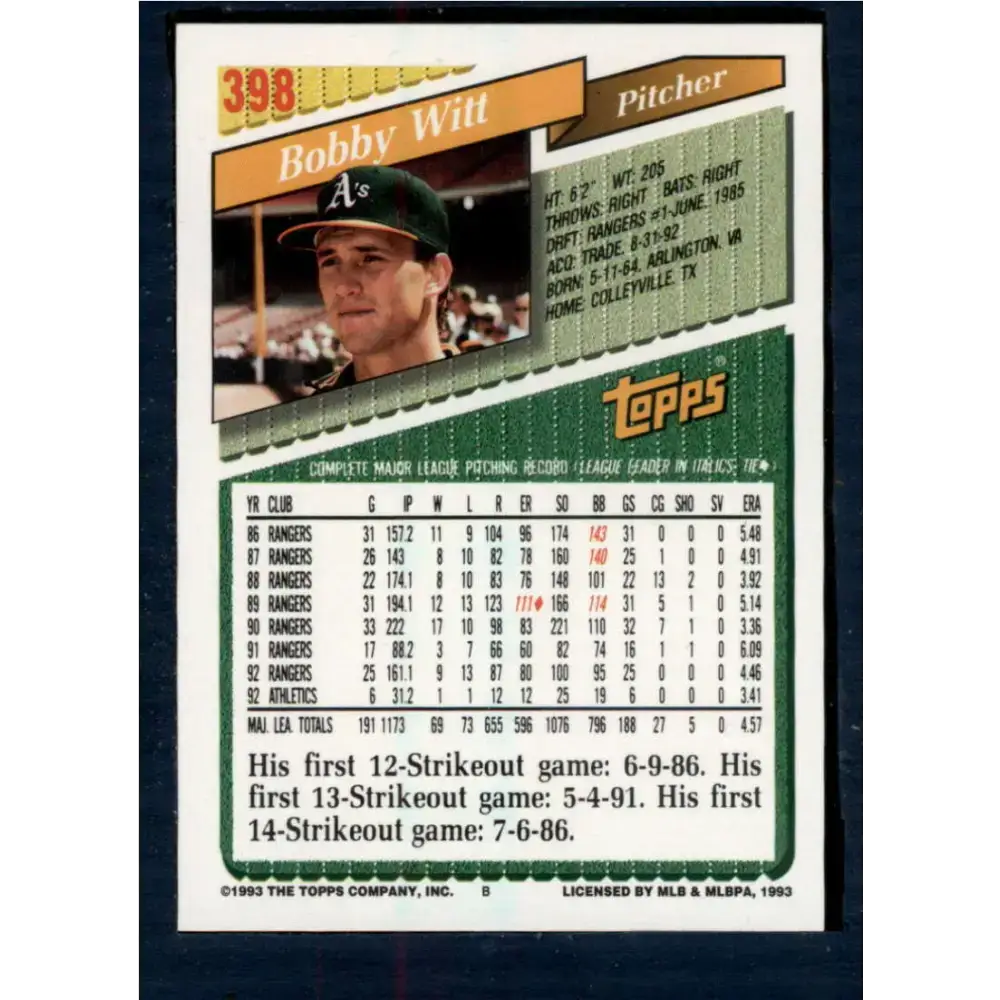 1993 Topps #398 Bobby Witt NM-MT Oakland Athletics Baseball Card - Baseball Card Single